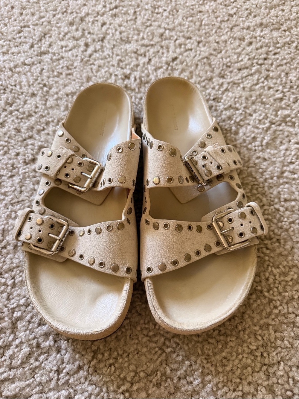 Isabel Marant Studded Beige Double-Buckle Slide Sandals